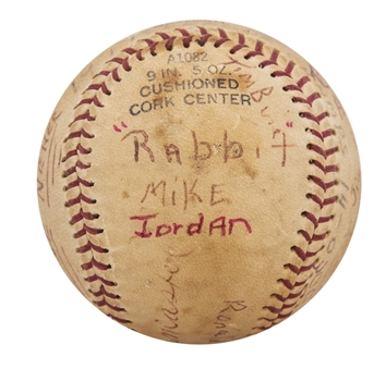 1977 Michael Jordan Signed Parkers Food Store Little League Team Signed Baseball with One of a Kind "Rabbit" Nickname Inscription (PSA/DNA & Coach LOA)
